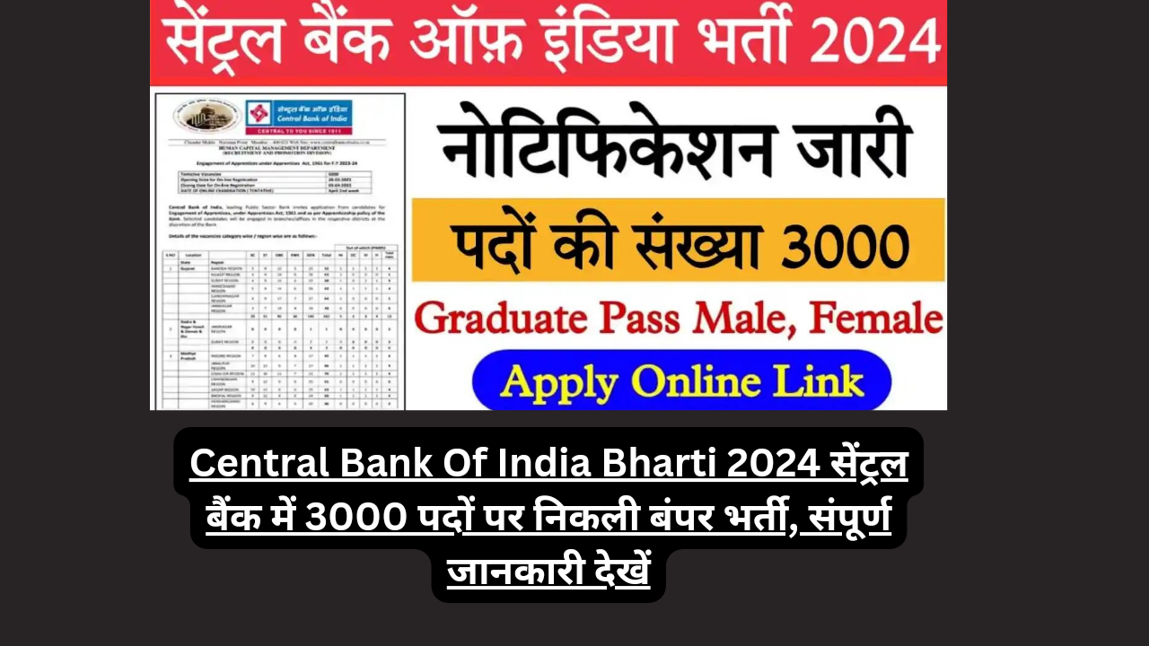 Central Bank Of India Bharti 2024 सेंट्रल बैंक में 3000 पदों पर निकली बंपर भर्ती, संपूर्ण जानकारी देखें